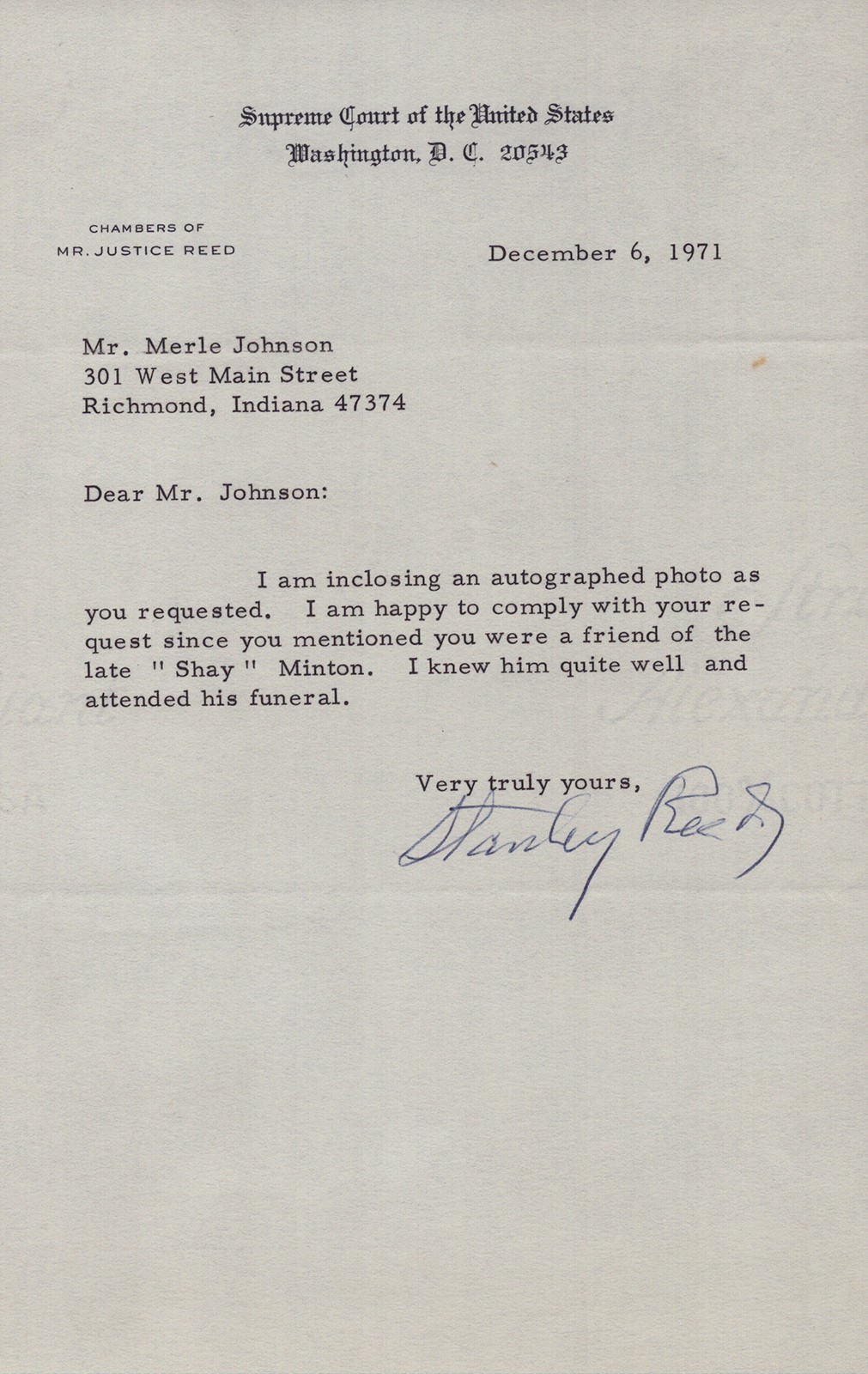 STANLEY F. REED – TYPED LETTER SIGNED 12/06/1971