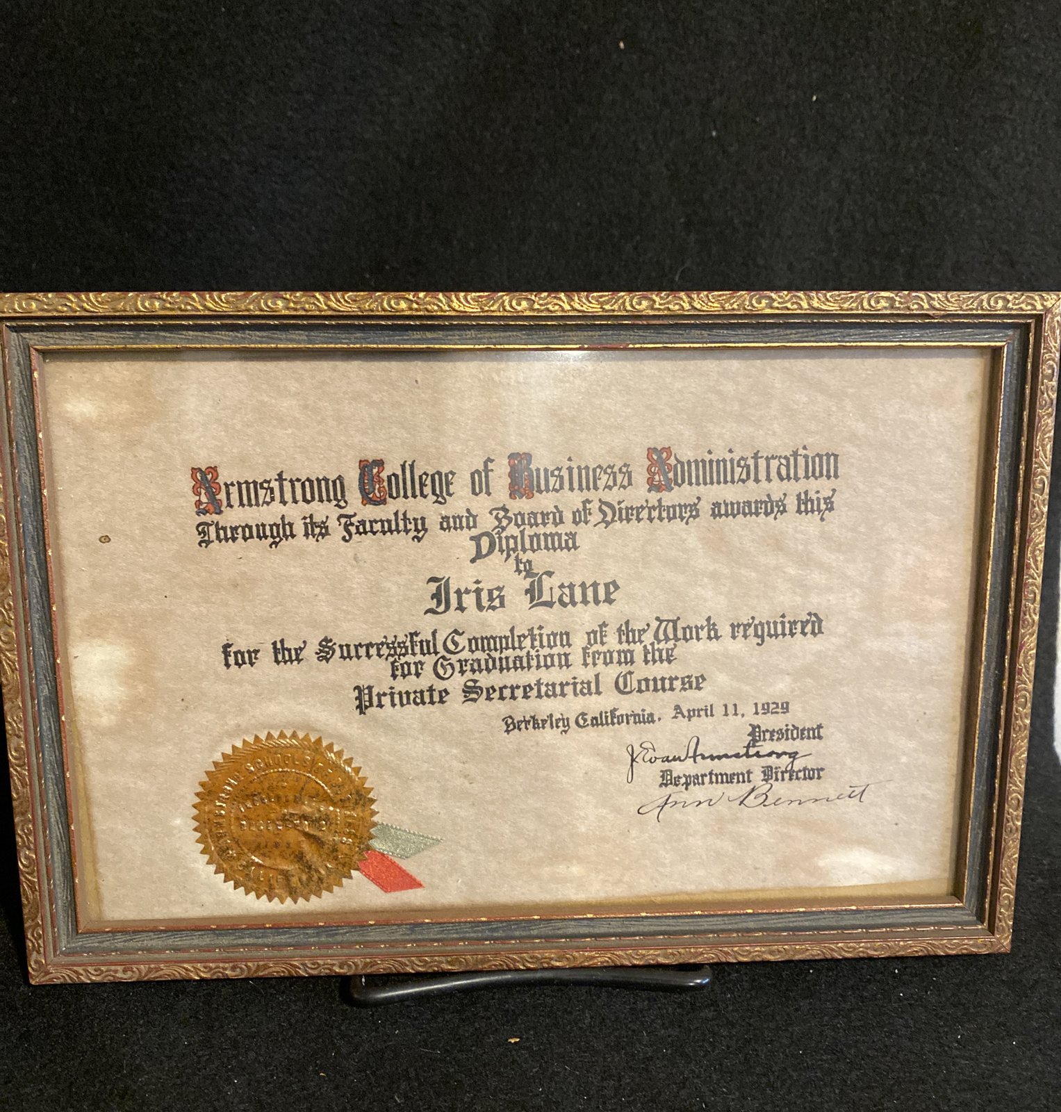 Antique Armstrong College Diploma Seal Signed Original Gold Framed Calligraphy