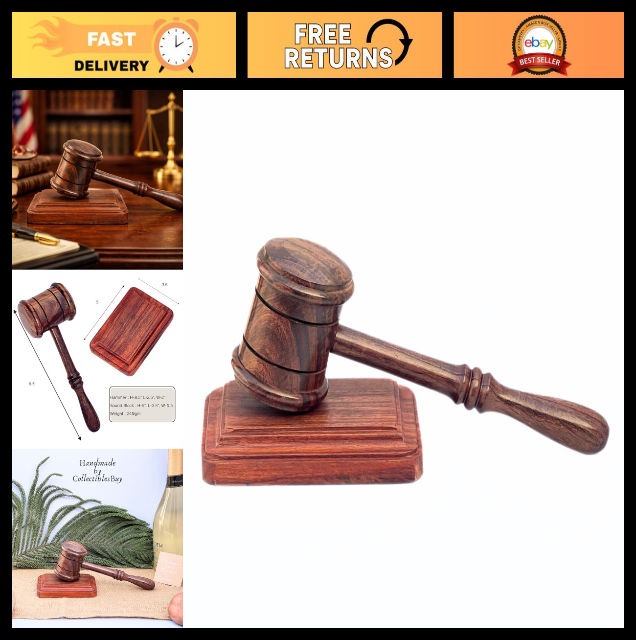 Handcrafted Wooden Gavel & Sound Block Set – Premium Quality for Judges, Lawyers