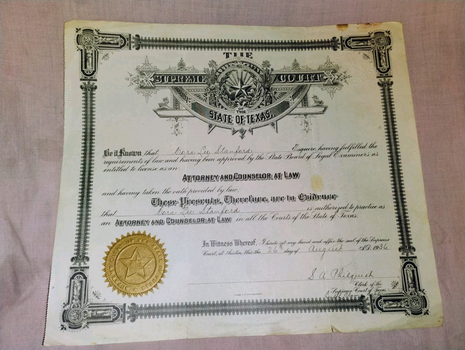 Original 1936 Supreme Court Of Texas State Bar Certificate w SEAL w Signatures