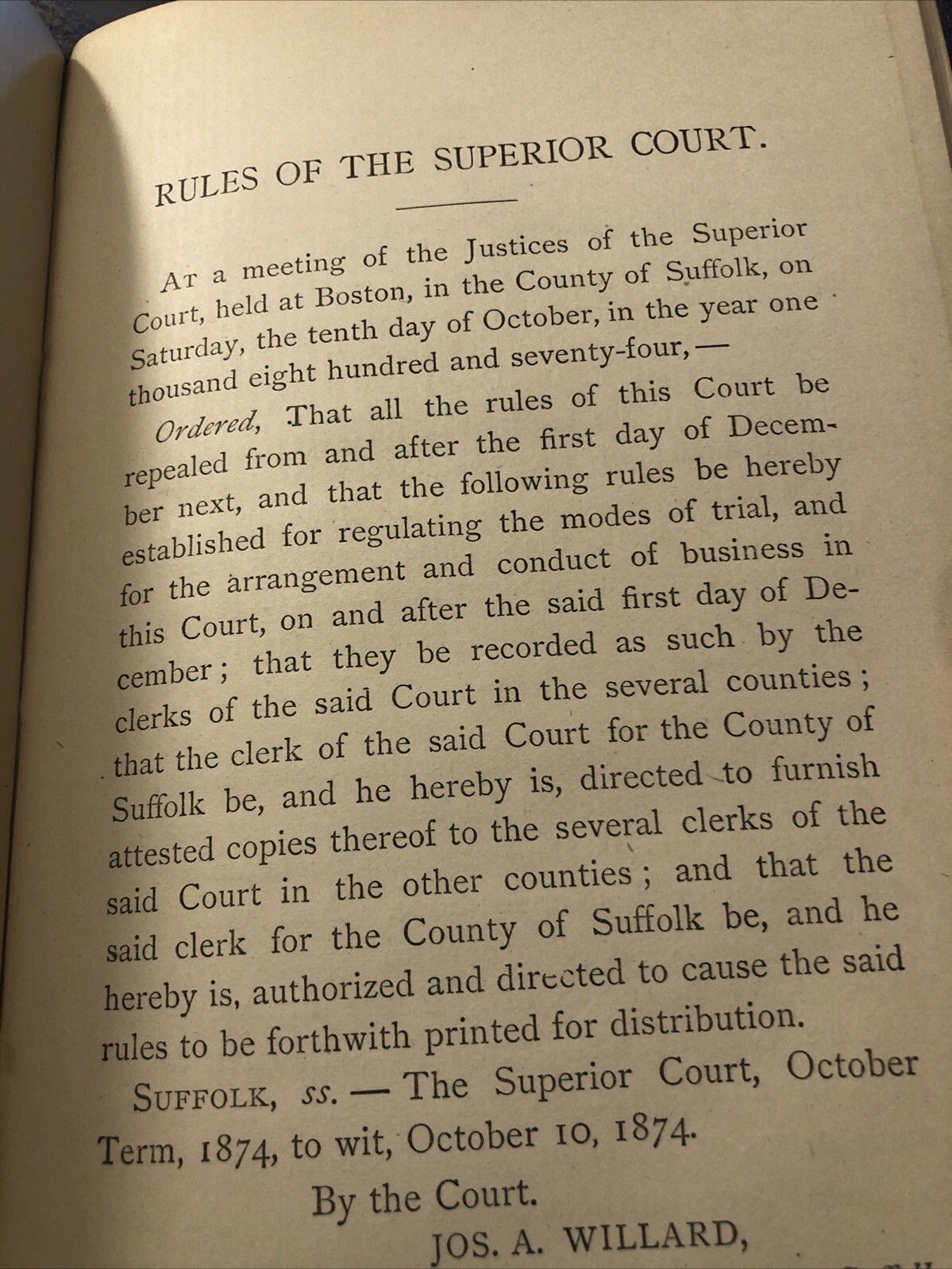 1874 BOOK – RULES Of The Superior Court Boston Suffolk Co Jos. A. Willard Clerk