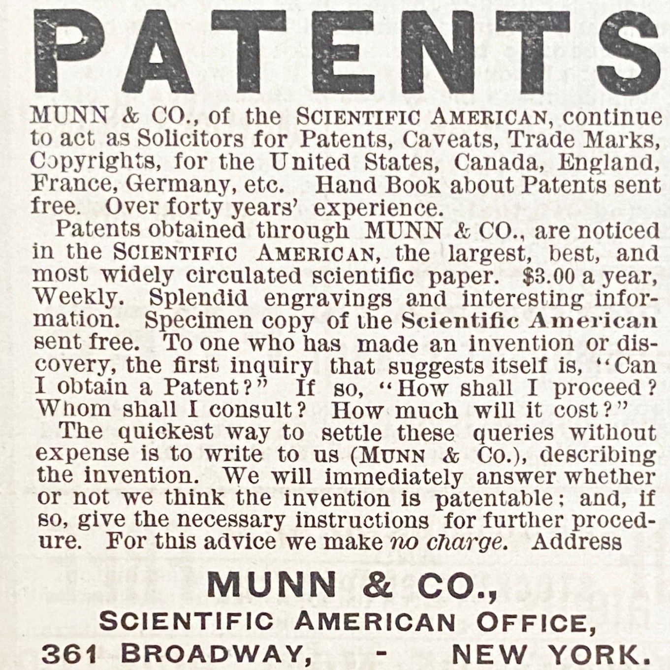 Charles A MUNN&CO NYC Law Firm Scientific American PATENTS Antique 1890 Print Ad