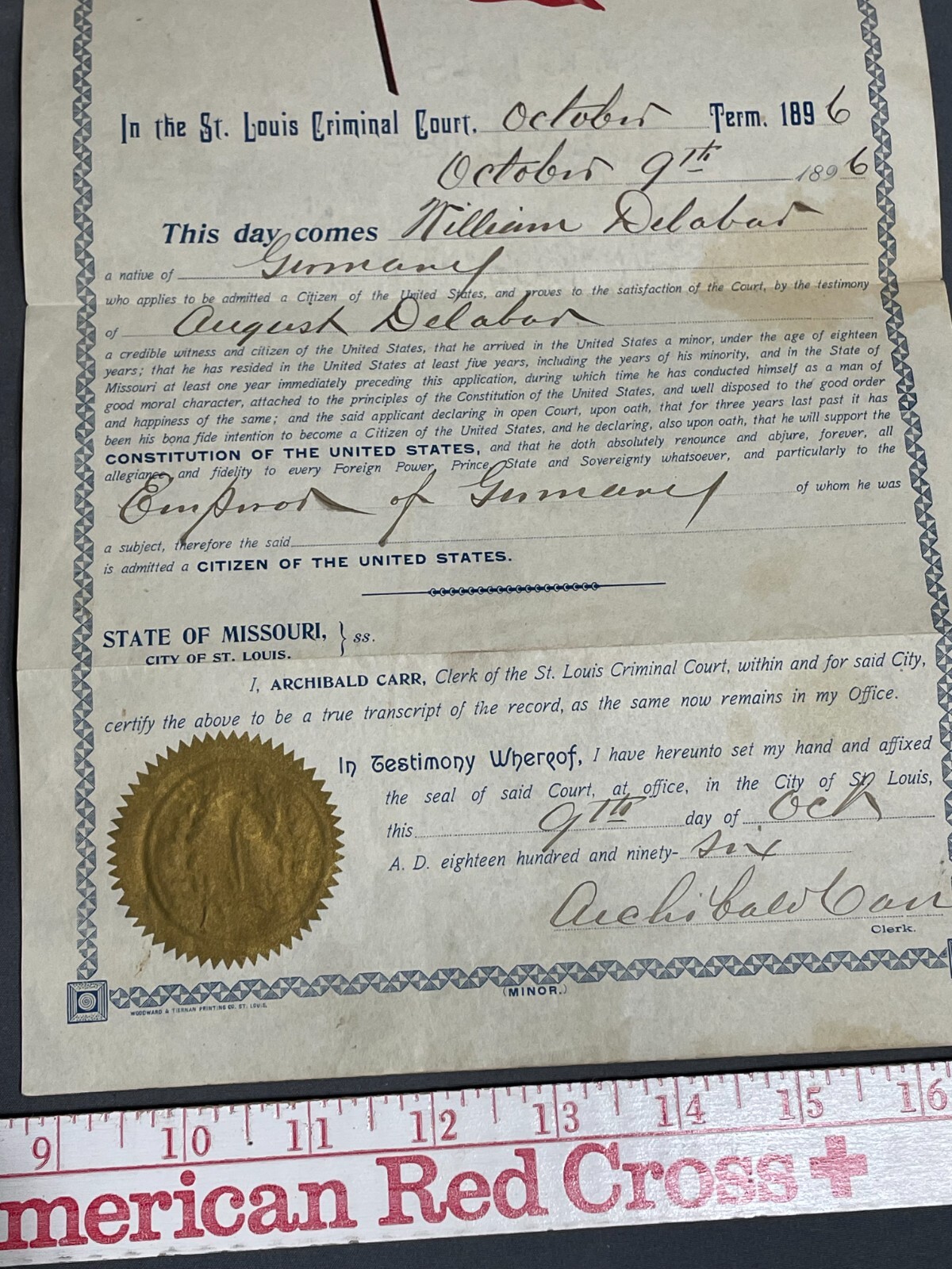 1896 Missouri UNITED STATES CITIZENSHIP Certificate Document German 44 Star Flag