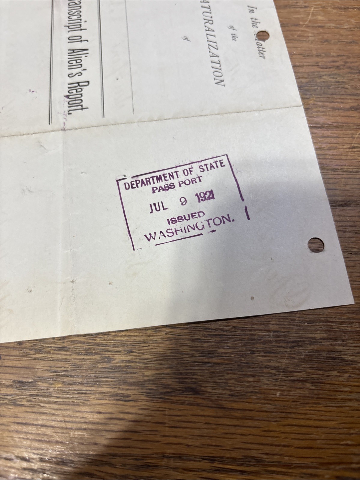 Transcript Of Alien’s Report 1921 USDOS Passport 1888 Sealed Donald Brown Englan