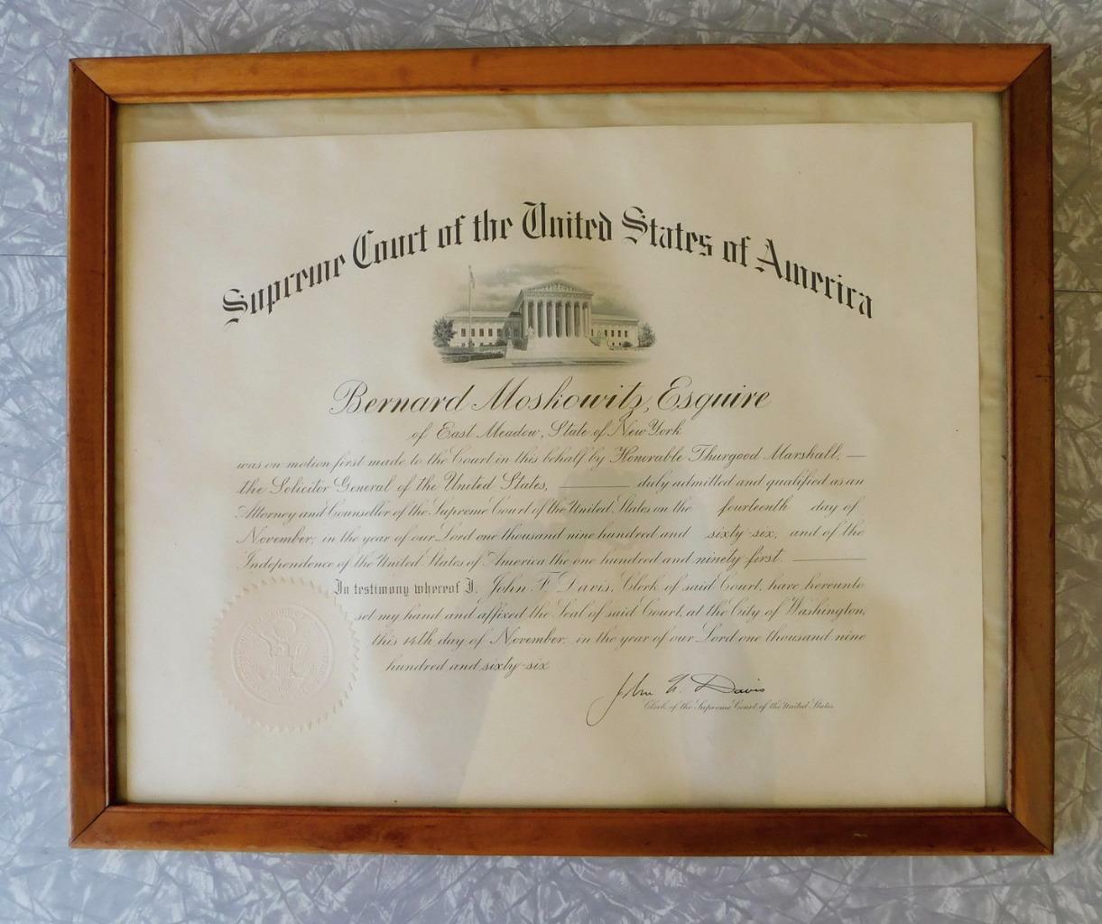 1966 Bar Admission Certificate to Supreme Court of The United States America USA