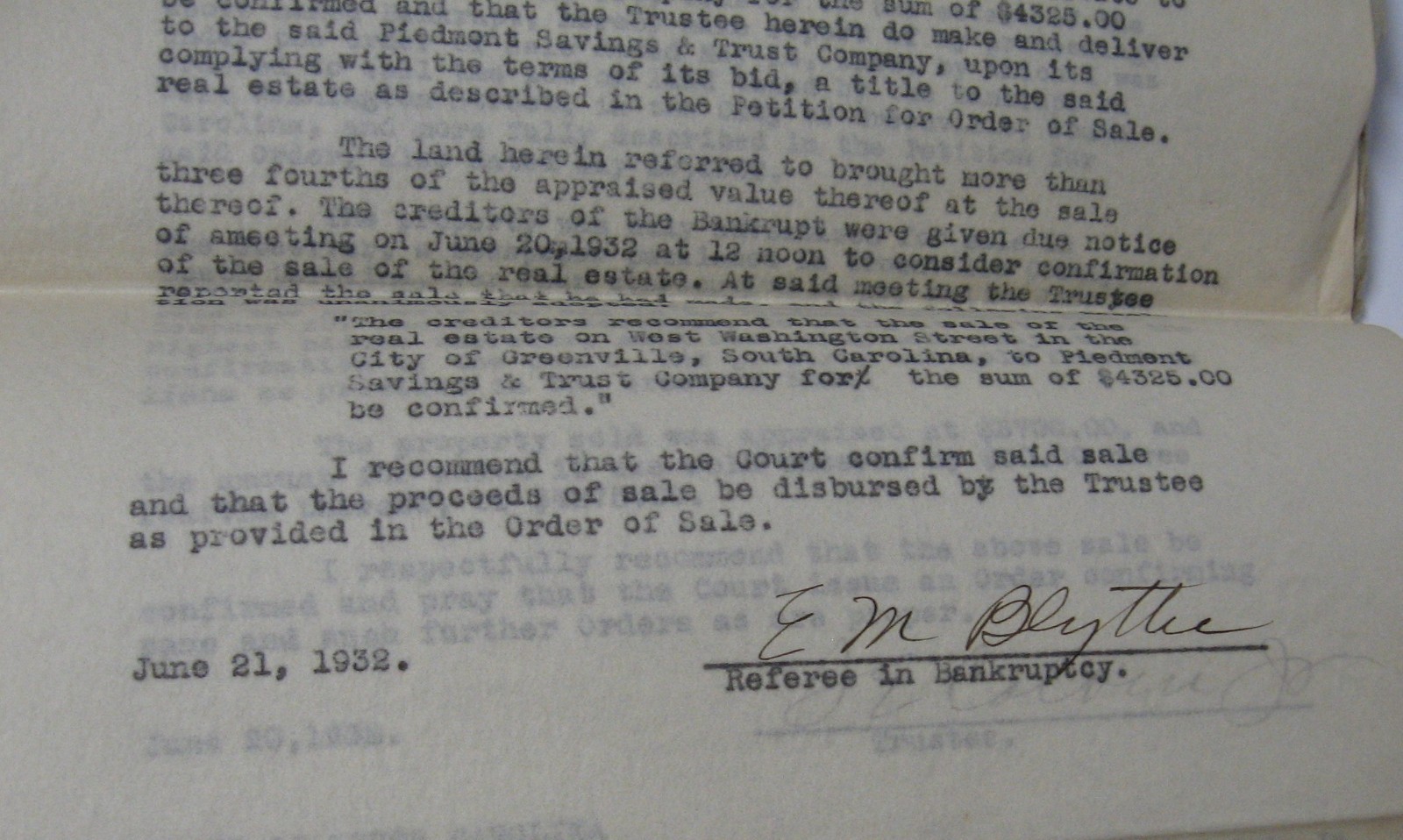 1932 Signed Bankruptcy Document Col. E. M. Blythe Attorney, Greenville, SC
