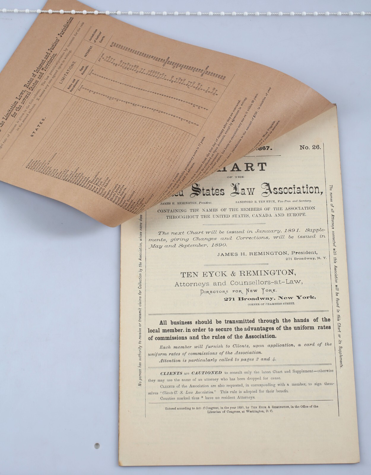 Vintage 1890 United States Law Association Membership Lawyer Roster Chart