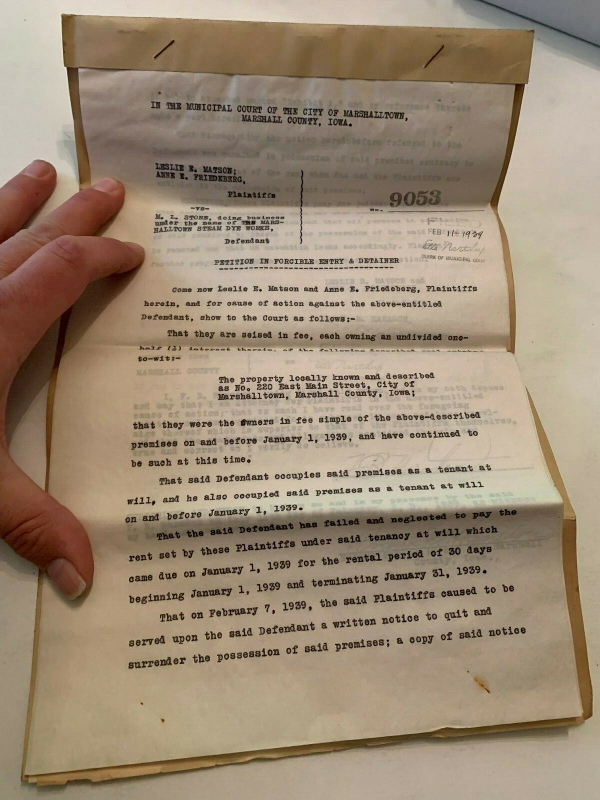 February 11 1939 Municipal Court Record Marshalltown Iowa
