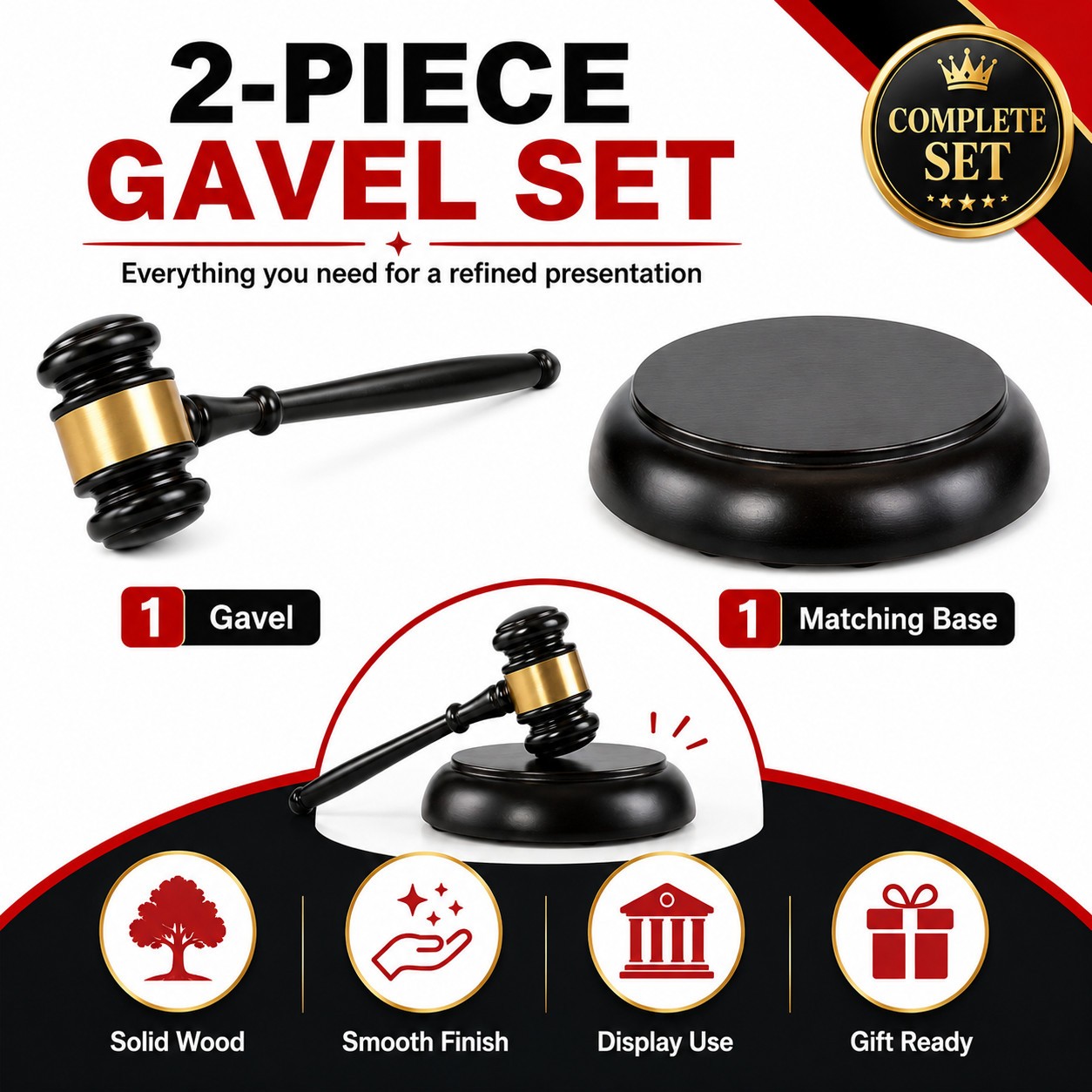 Classic Judge Gavel and Base Set, Solid Wood Black Gold Desktop Decor Gift