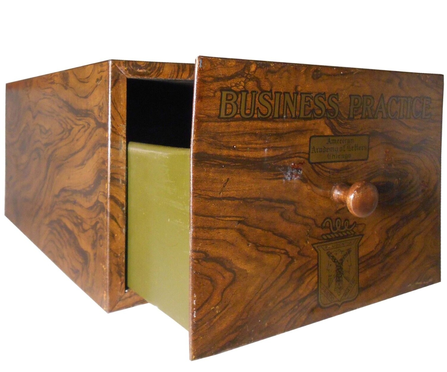 BUSINESS PRACTICE AMERICAN ACADEMY OF LETTERS CHICAGO TIN INDEX CARD BOX, W/LID