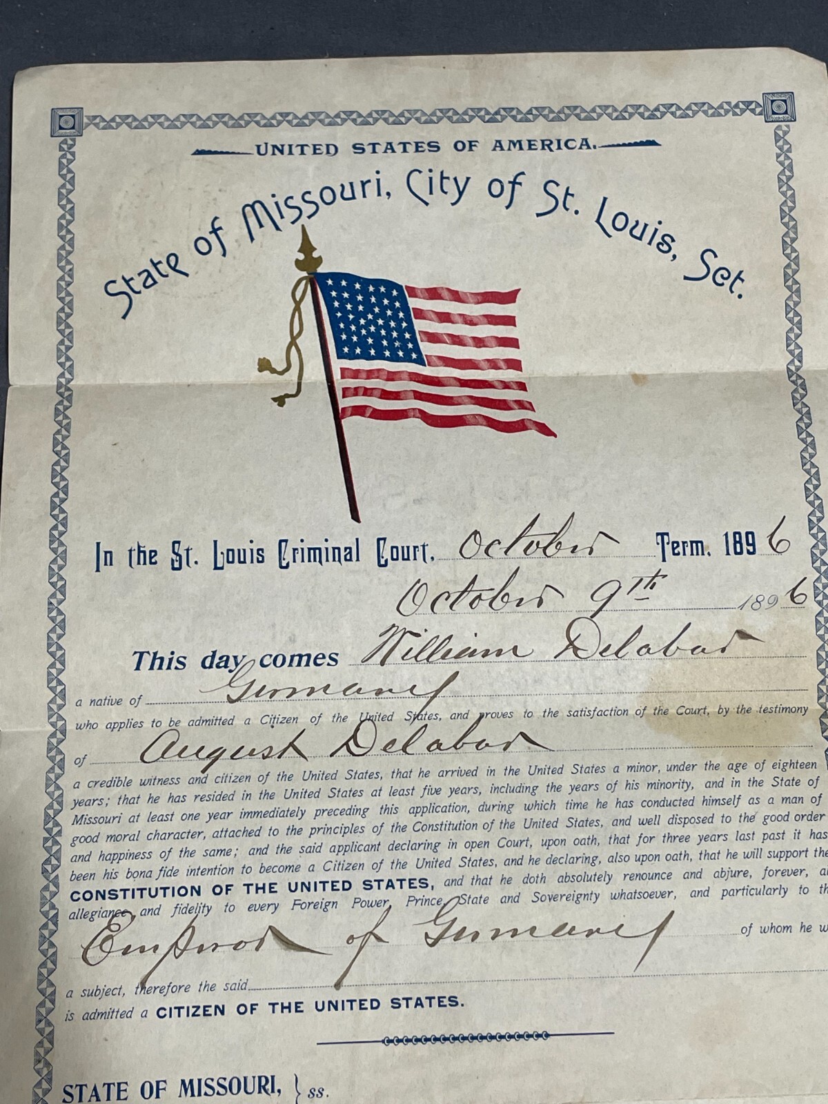 1896 Missouri UNITED STATES CITIZENSHIP Certificate Document German 44 Star Flag
