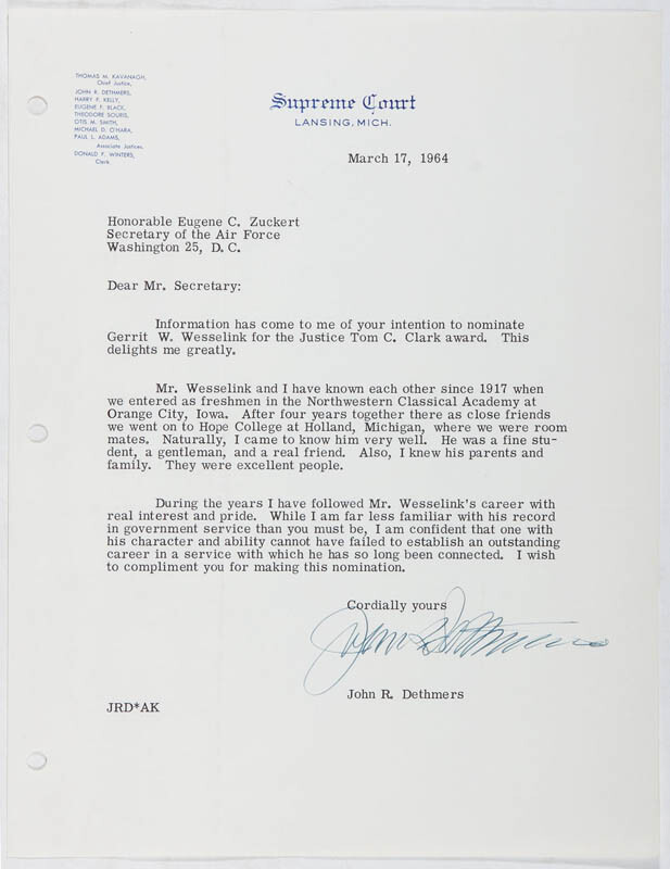 JOHN R. DETHMERS – TYPED LETTER SIGNED 03/17/1964