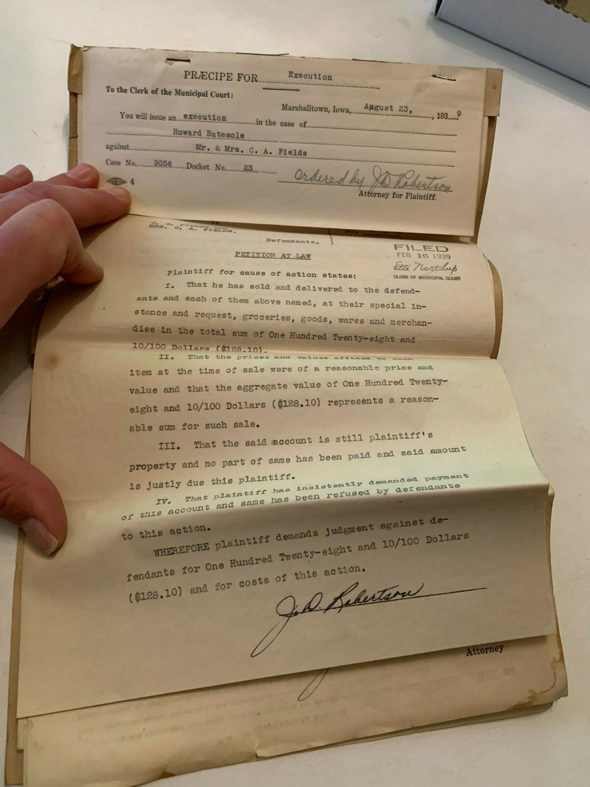 February 16 1939 Municipal Court Record Marshalltown Iowa