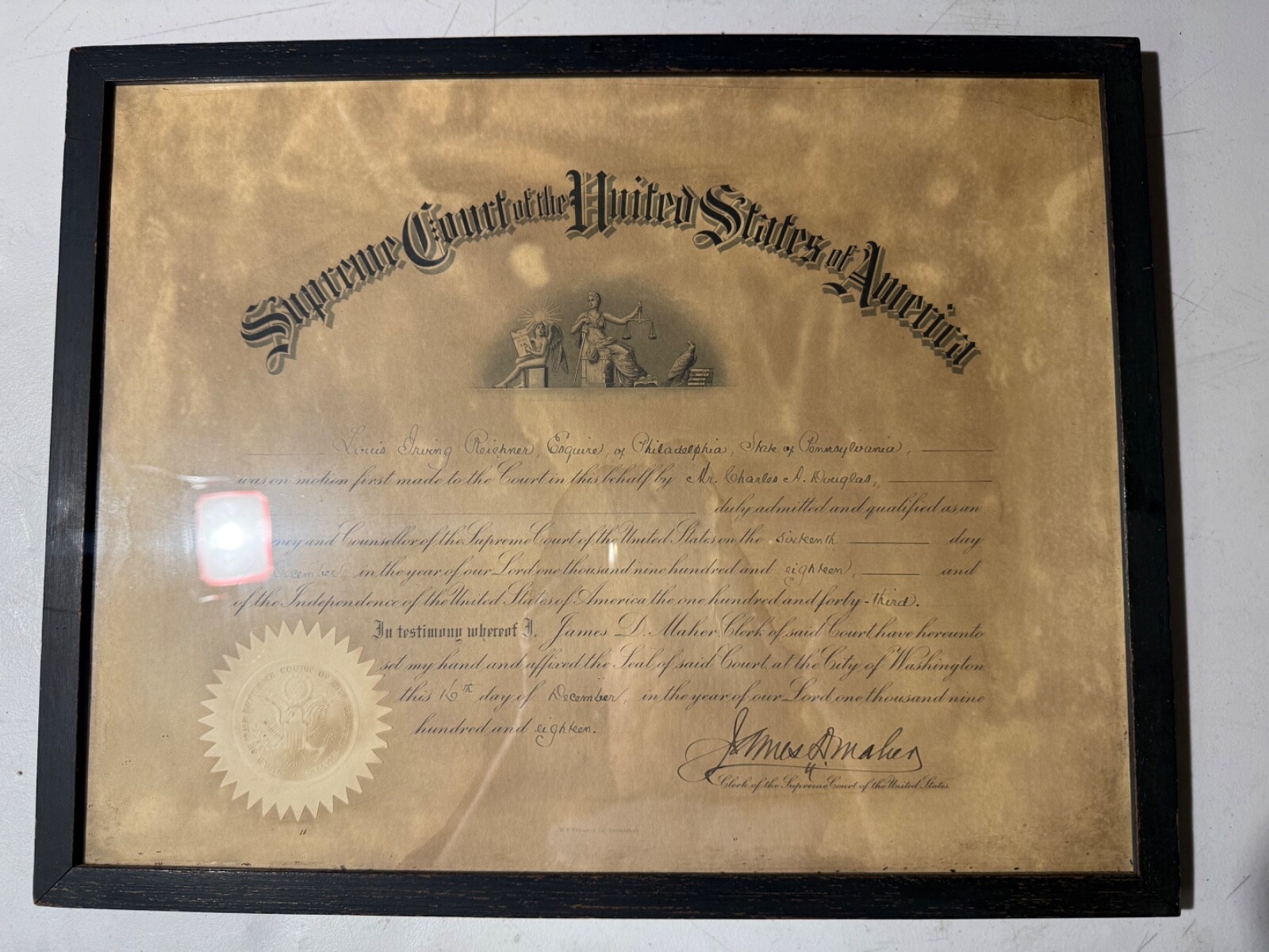 Antique 1918 Supreme Court of the United States of America Certificate Framed