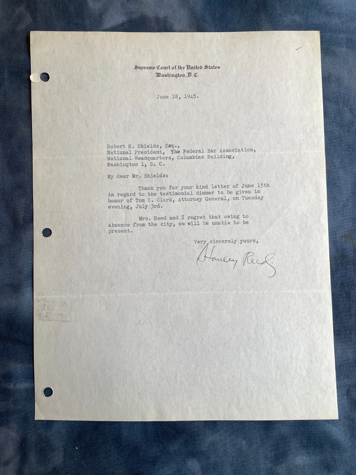 Vintage Stanley Reed Signed Letter 1945 Supreme Court Justice US