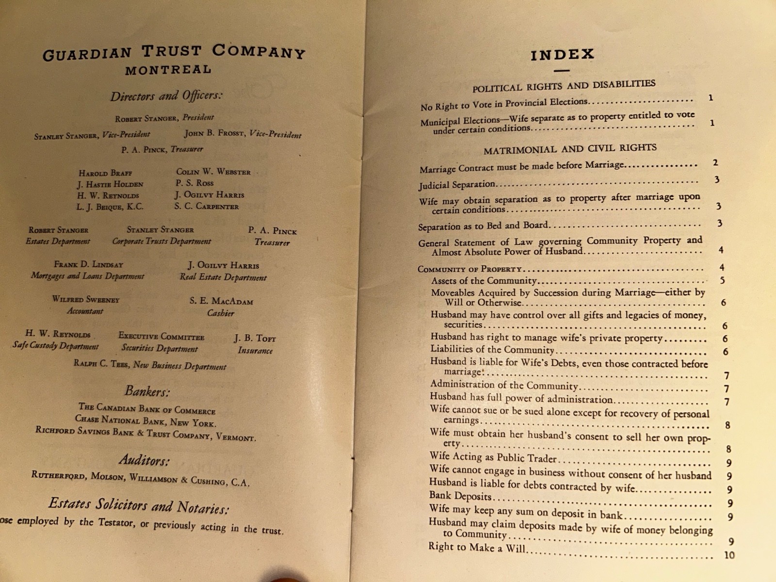 1936 Laws Governing Married Women in Quebec, Canada