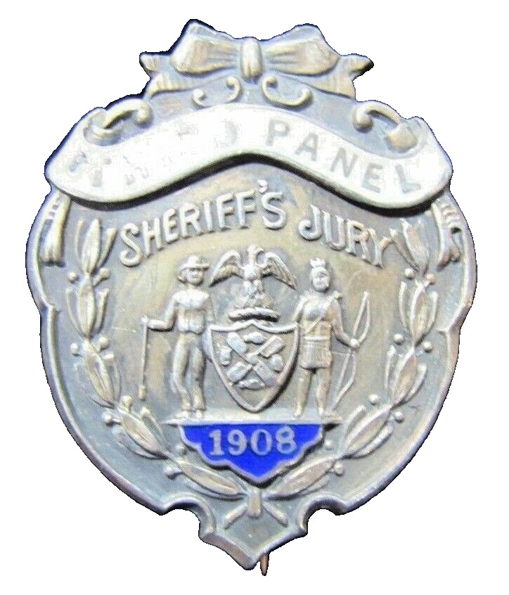 1908 SHERRIF’S JURY Sterling Silver White Blue Enamel Pinback Medallion Pin