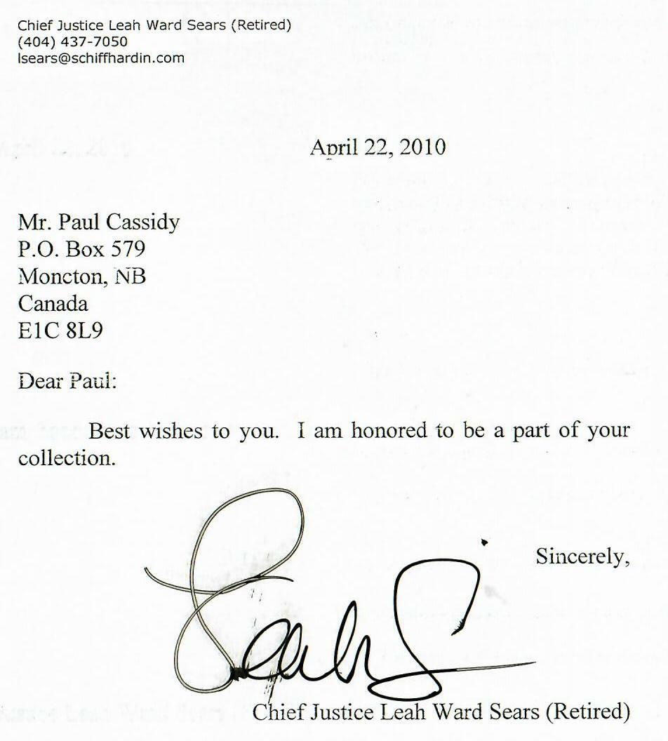 «1st Woman on the Georgia Supreme Court» Leah Ward Sears Hand Signed Card COA