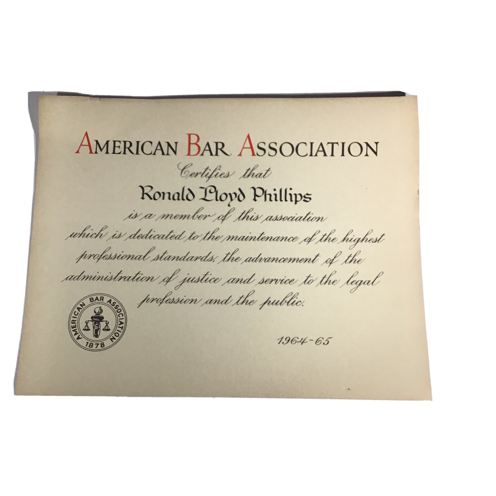 VINTAGE 1964 AMERICAN BAR ASSOCIATION MEMBERSHIP CERTIFICATE COLLECTIBLE