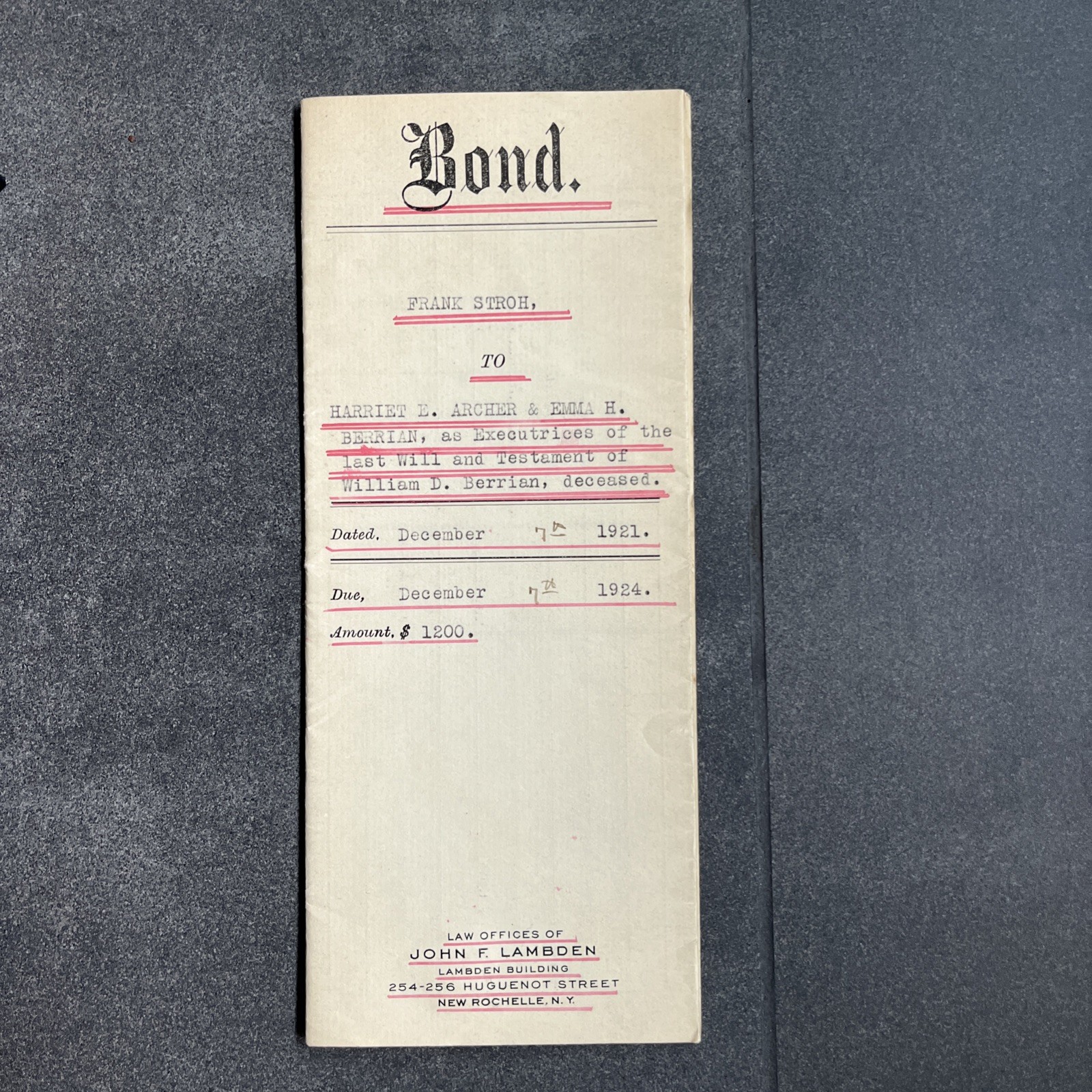 SIGNED STAMPED SEALED Legal BOND Document 1921 NEW ROCHELLE NY Armenian LAMBDEN