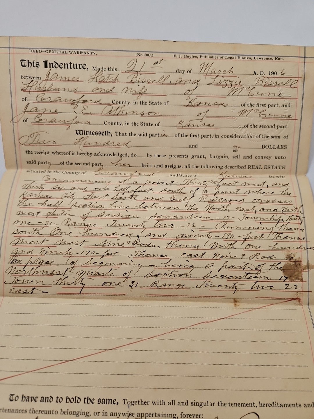 Original antique 1906 McCune KS Crawford County WARRANTY DEED Signed Bissell