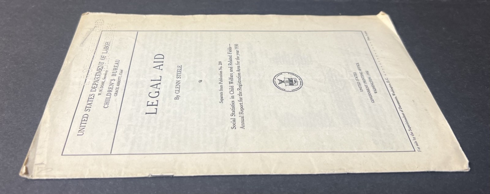 Legal Aid by Glenn Steele 1932 United Dept. of Labor Publication -East Cleveland