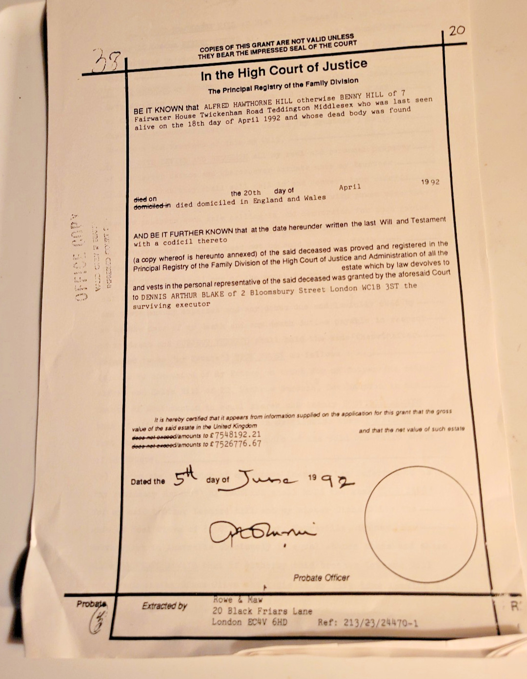 Benny Hill Last Will and Testament Copy April 20, 1992