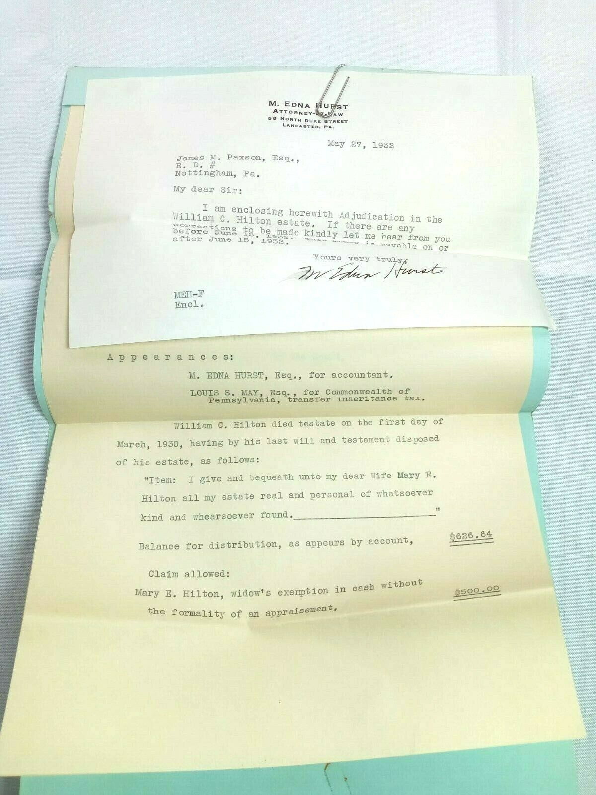 Vintage 1932 Adjudication of Will Little Britain Township Lancaster County of PA