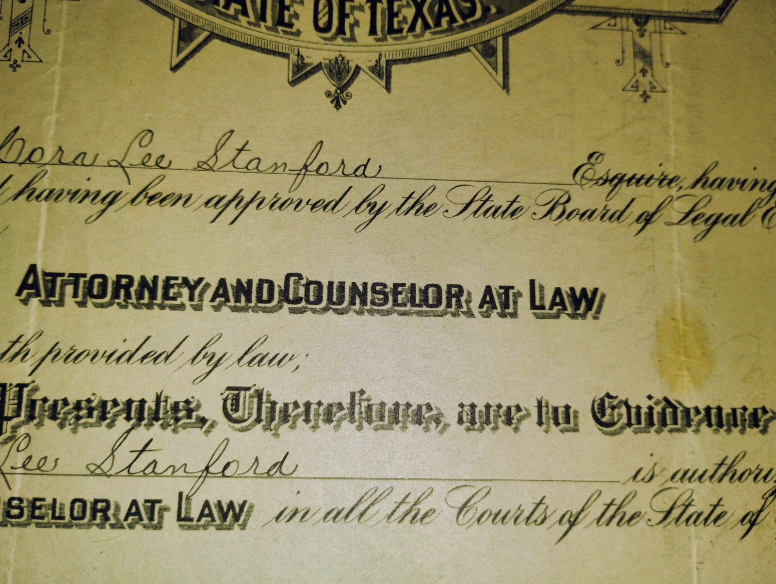 Original 1936 Supreme Court Of Texas State Bar Certificate w SEAL w Signatures