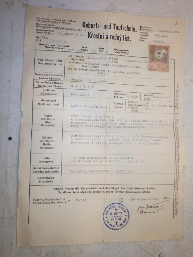 1941 Birth Baptism Document Geburts-und Tauf-Schein Taufschein Krestni German