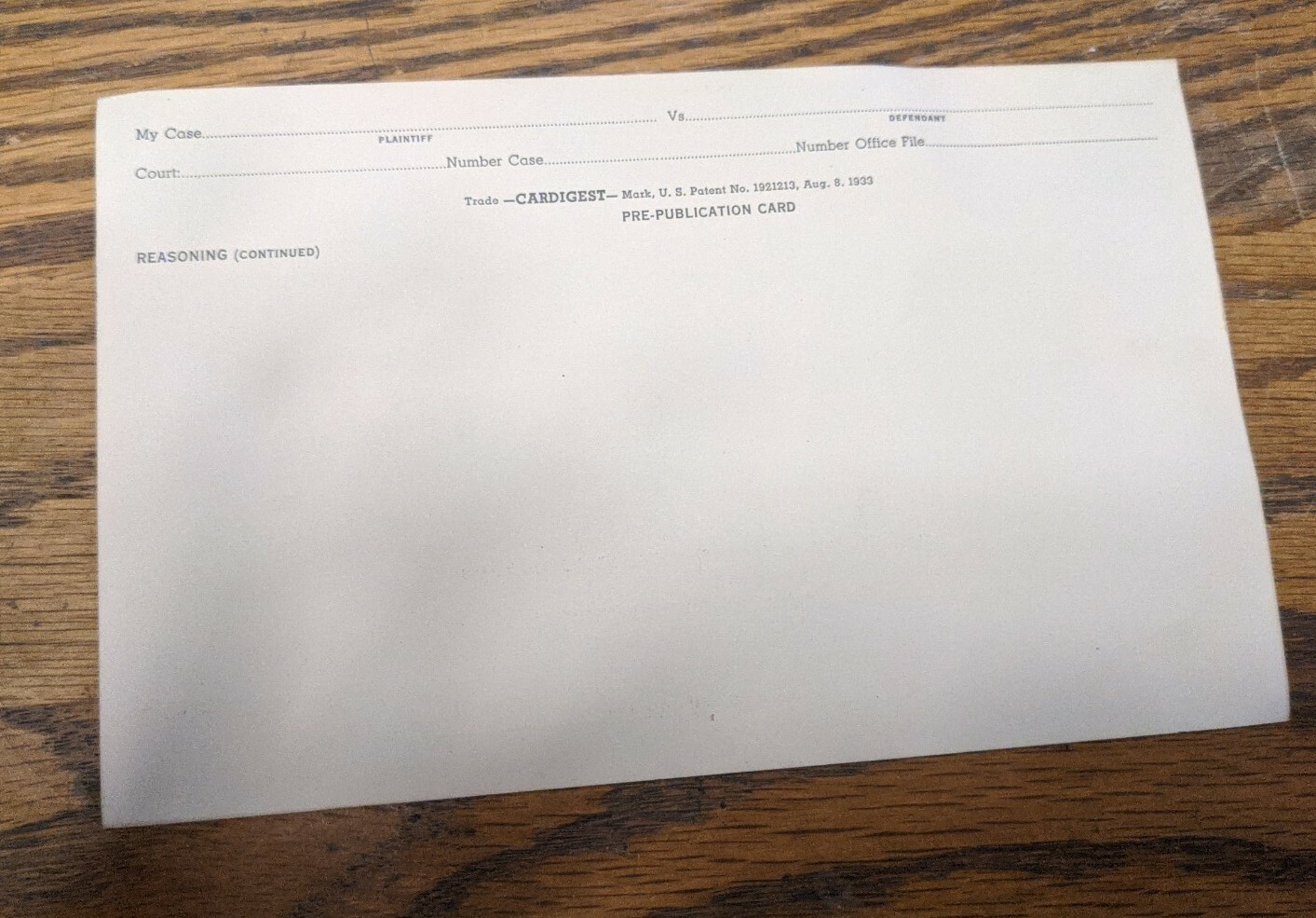 1933 BLANK CARDIGEST LAWYER COURT FILE SLIP CARD PLAINTIFF DEFENDANT QUESTION