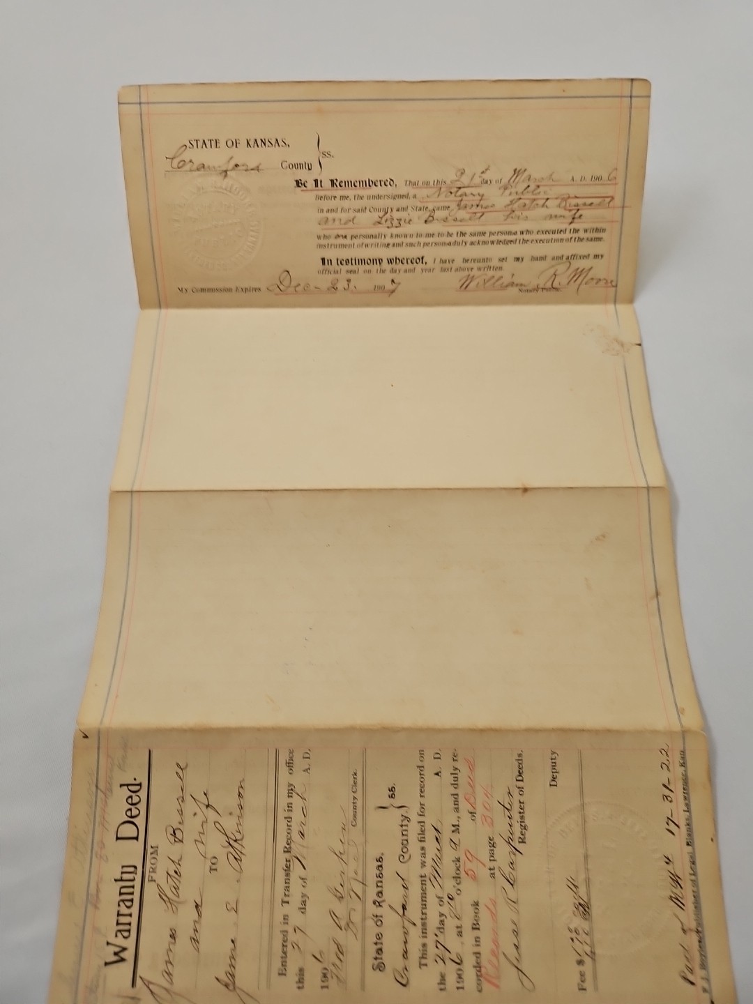 Original antique 1906 McCune KS Crawford County WARRANTY DEED Signed Bissell