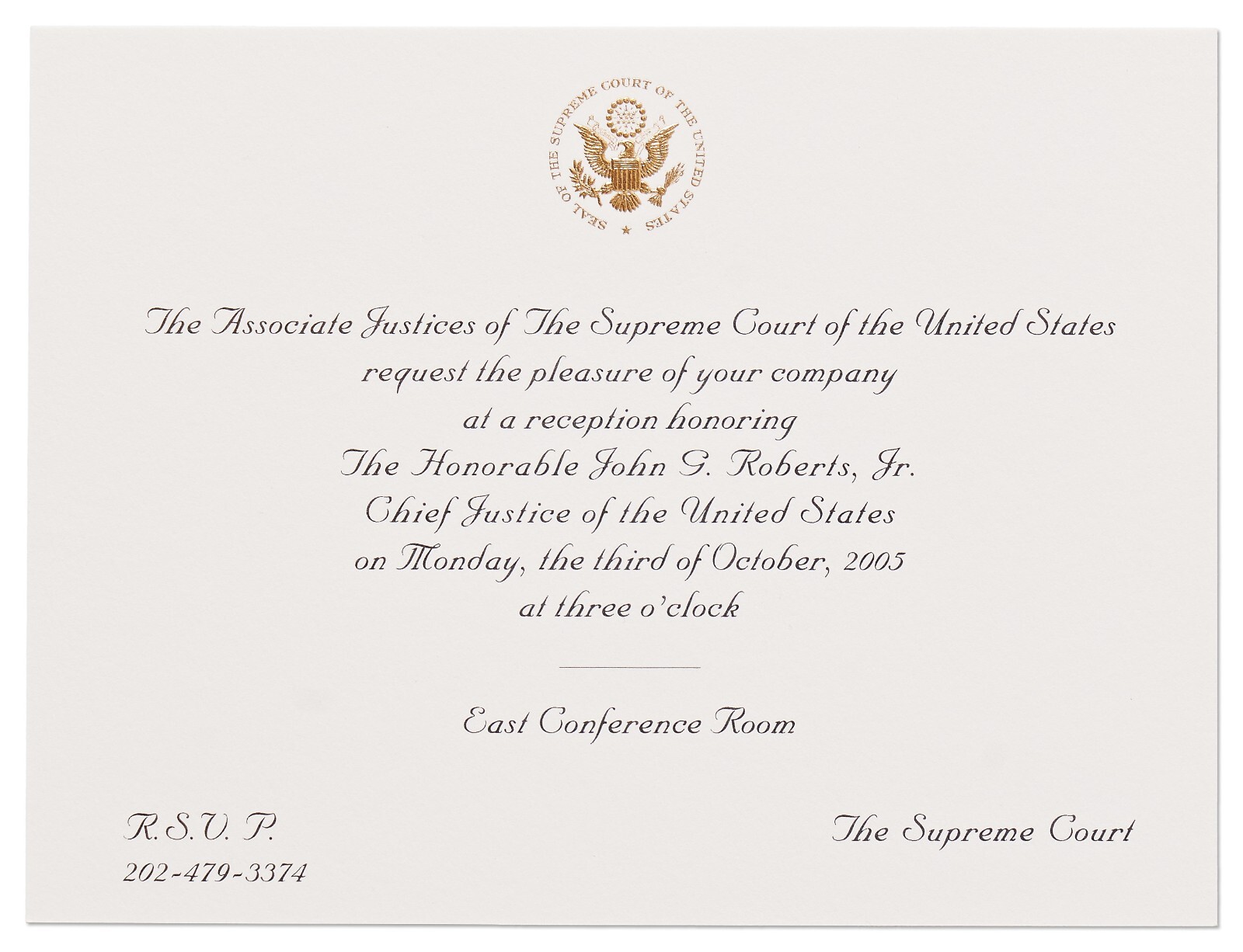 Supreme Court Chief Justice John Roberts Investiture Ceremony & Recp Invitations