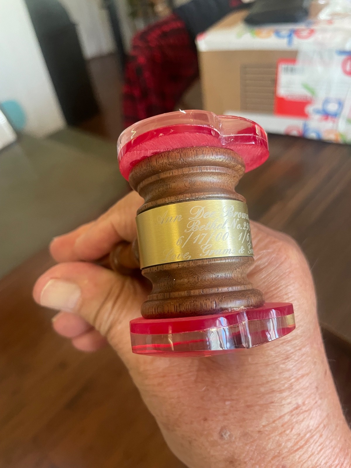Vintage Wooden Gavel Wood – heart shaped heads – engraved with a baby’s passing
