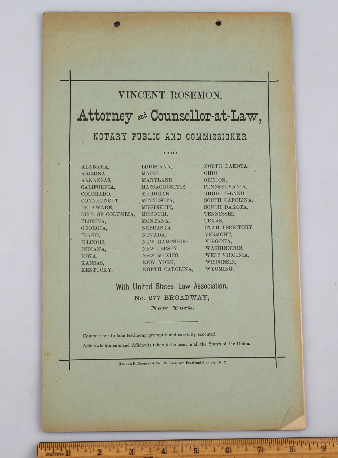 Vintage 1894 United States Law Association Membership Lawyer Roster Chart