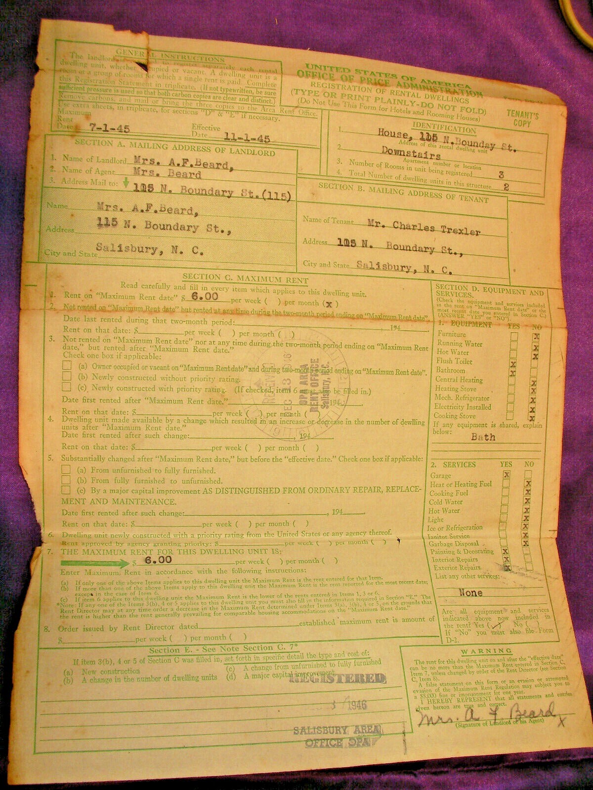 Vintage Rental Lease 1945 Salisbury North Carolina Tenant’s Copy historical page
