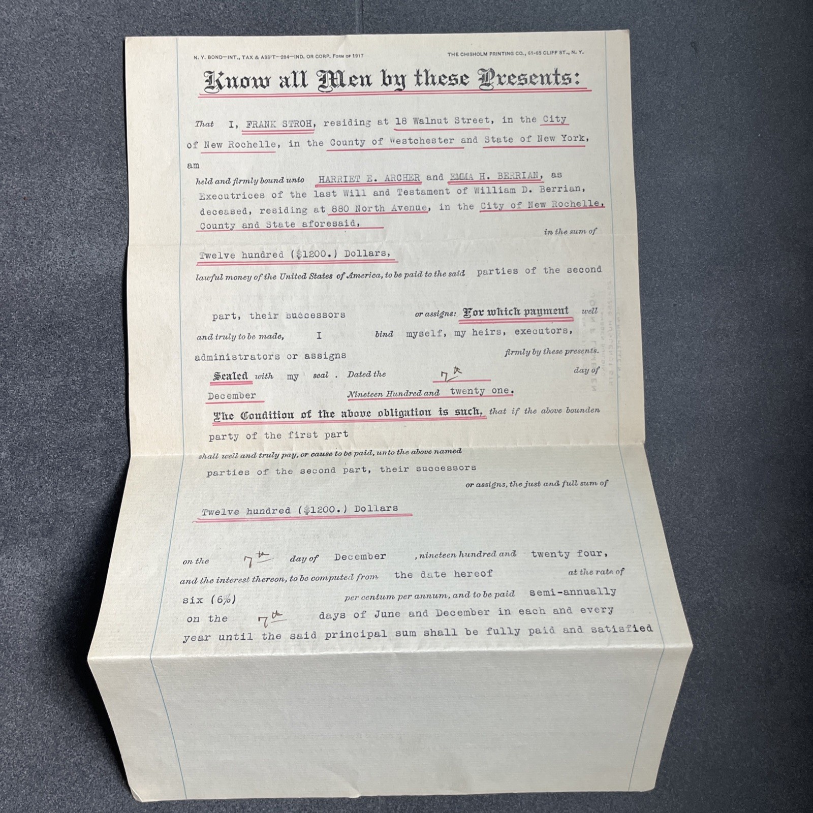 SIGNED STAMPED SEALED Legal BOND Document 1921 NEW ROCHELLE NY Armenian LAMBDEN