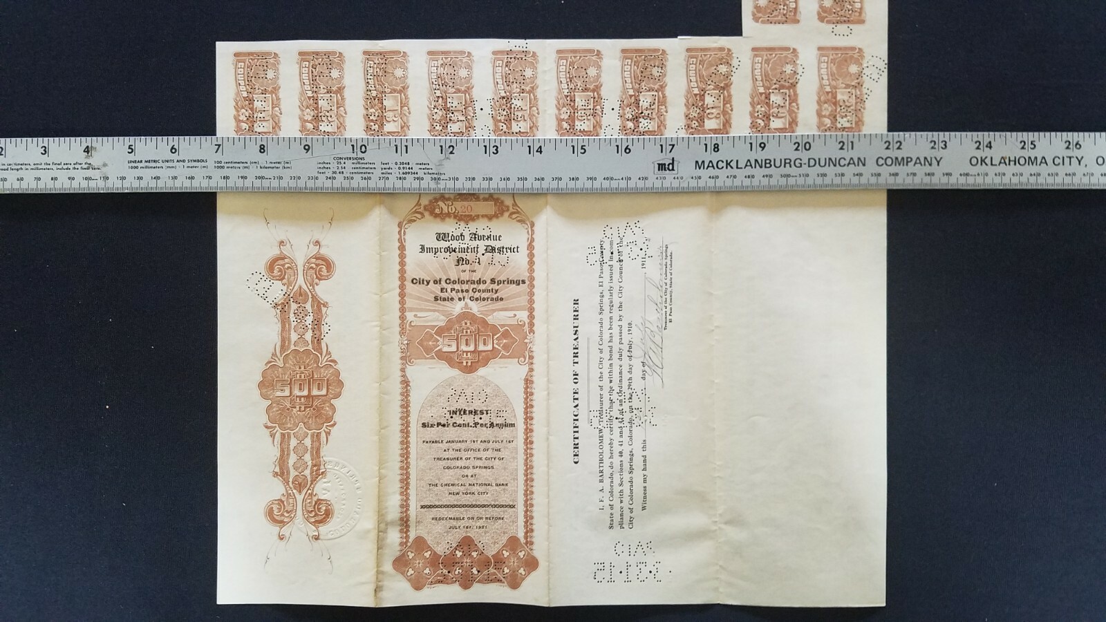 Colorado Springs, July 1910, Original $500 Bond Document