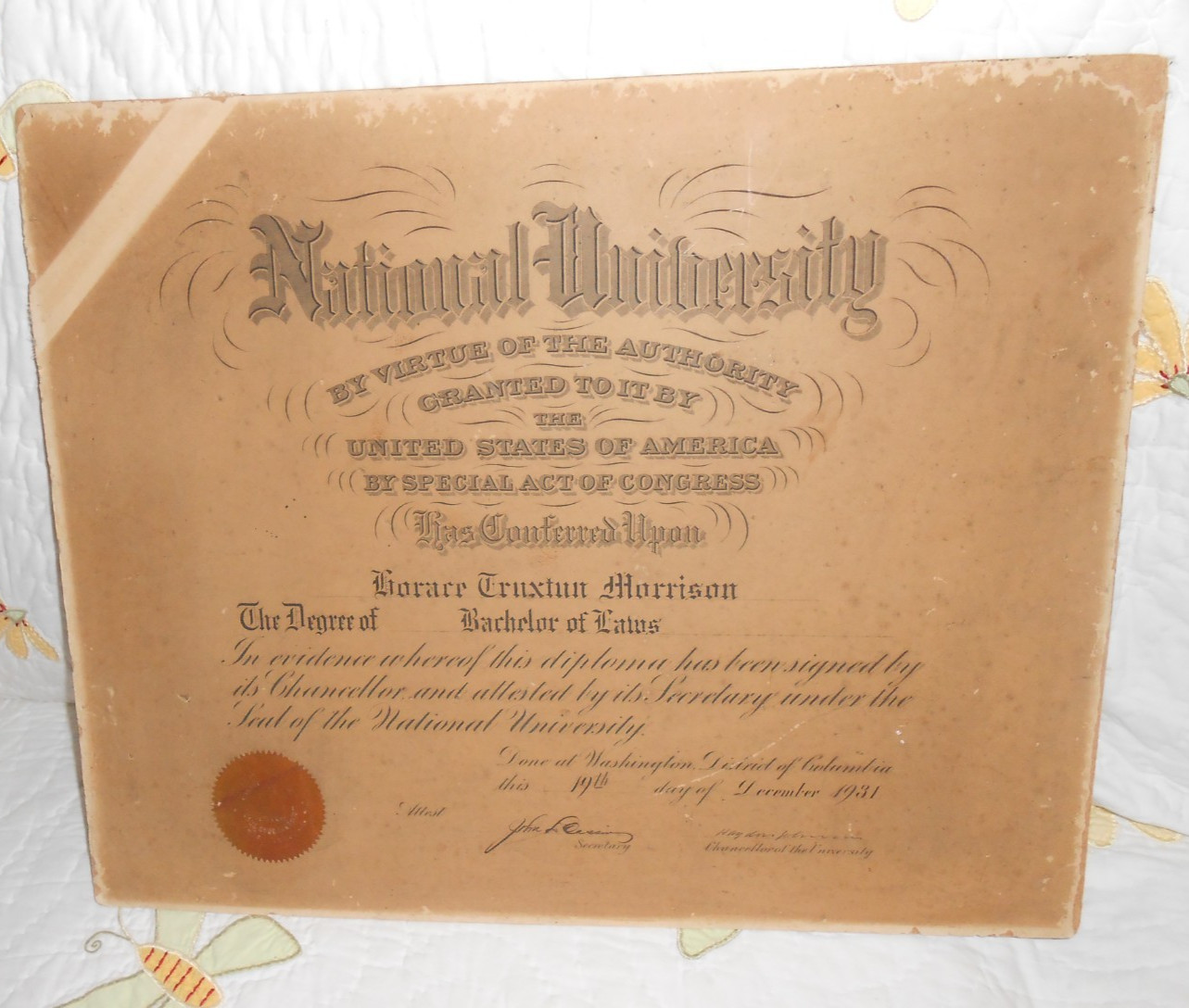 Antique Vintage 1931 NATIONAL UNIVERSITY LAW DEGREE Horace Truxton Morrison