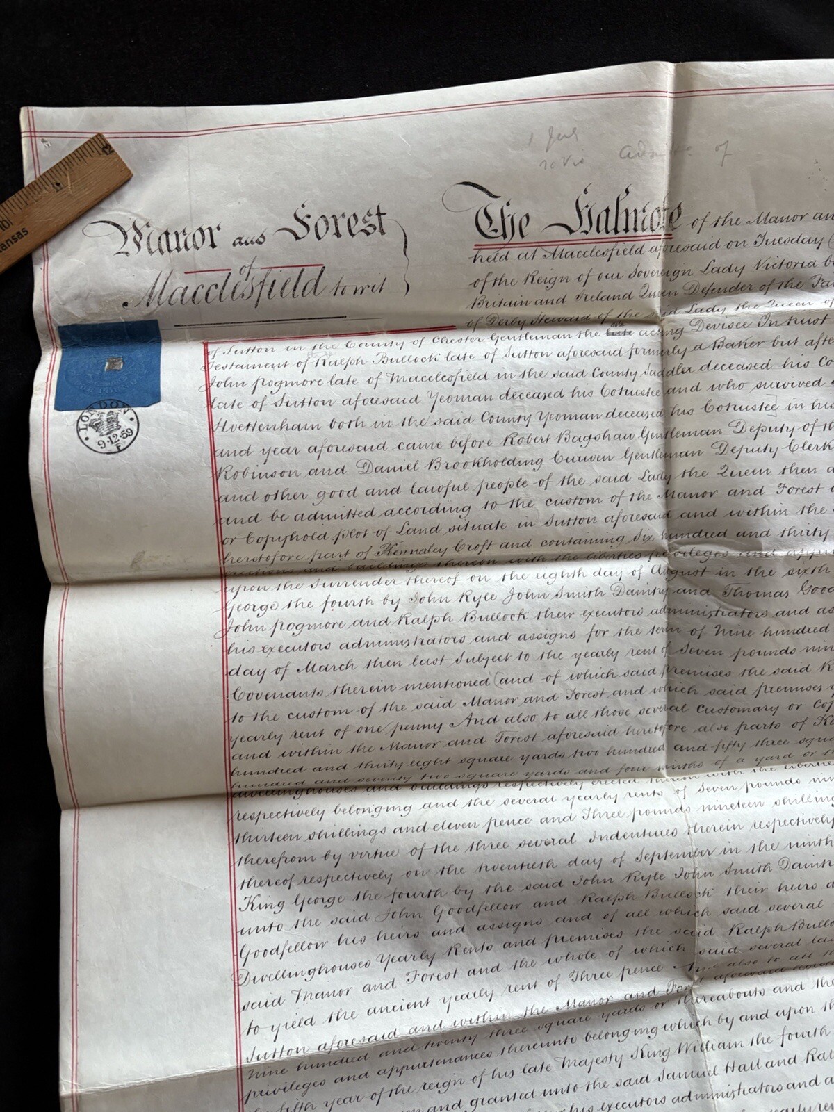 Antique Vellum London England Queen Victoria Era Document 1859 20x 24 Original