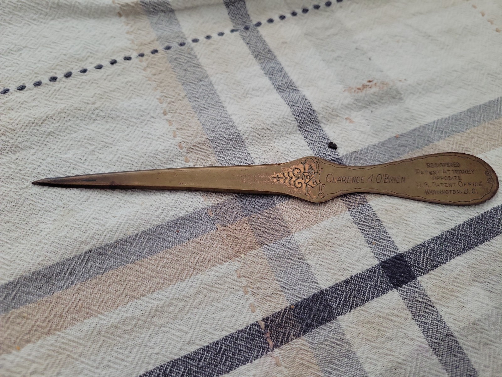 Bronze Letter Opener Clarence O’Brien, Patent Attorney Author, Active 1924-1943