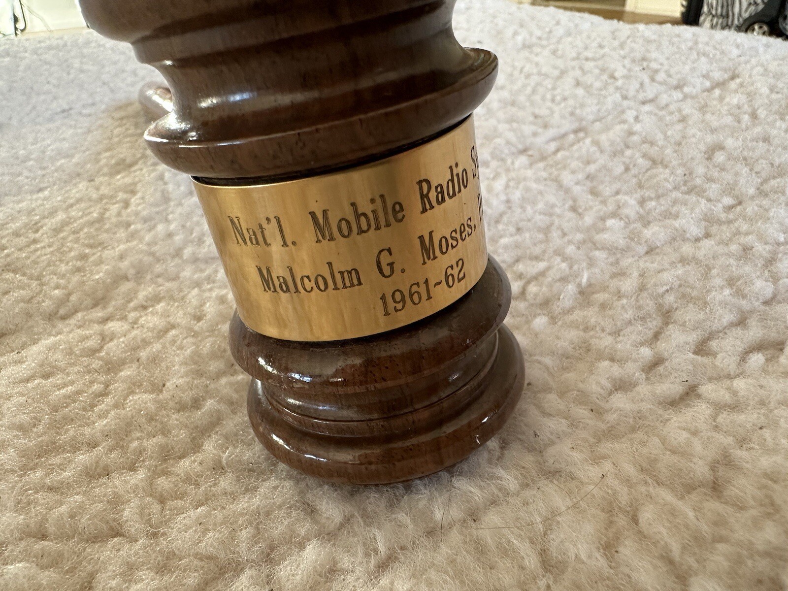 Vintage Wood National Mobil Radio Systems Judges Gavel with brass plate Engraved