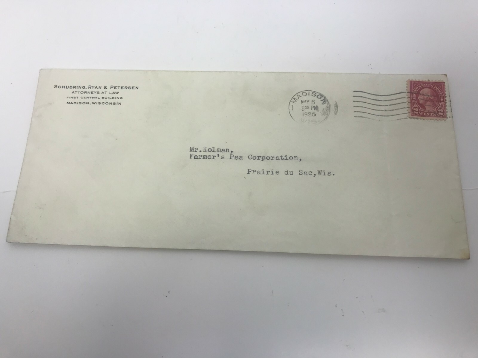 1925 Postmarked Envelope Schubring Ryan & Peterson Farmer’s Pea Corporation