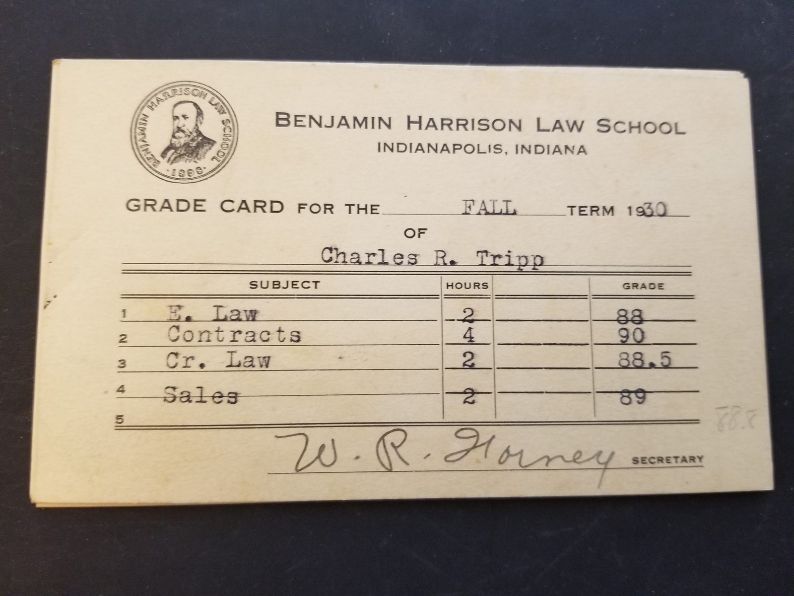 Lot Of 5 1930-1932 Benjamin Harrison Law School Grade Cards Charles R. Tripp