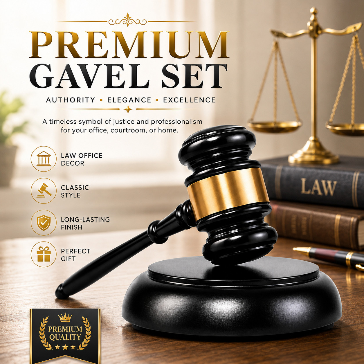 Professional Court Gavel with Round Base, Black Gold Office Desktop Decor Gift