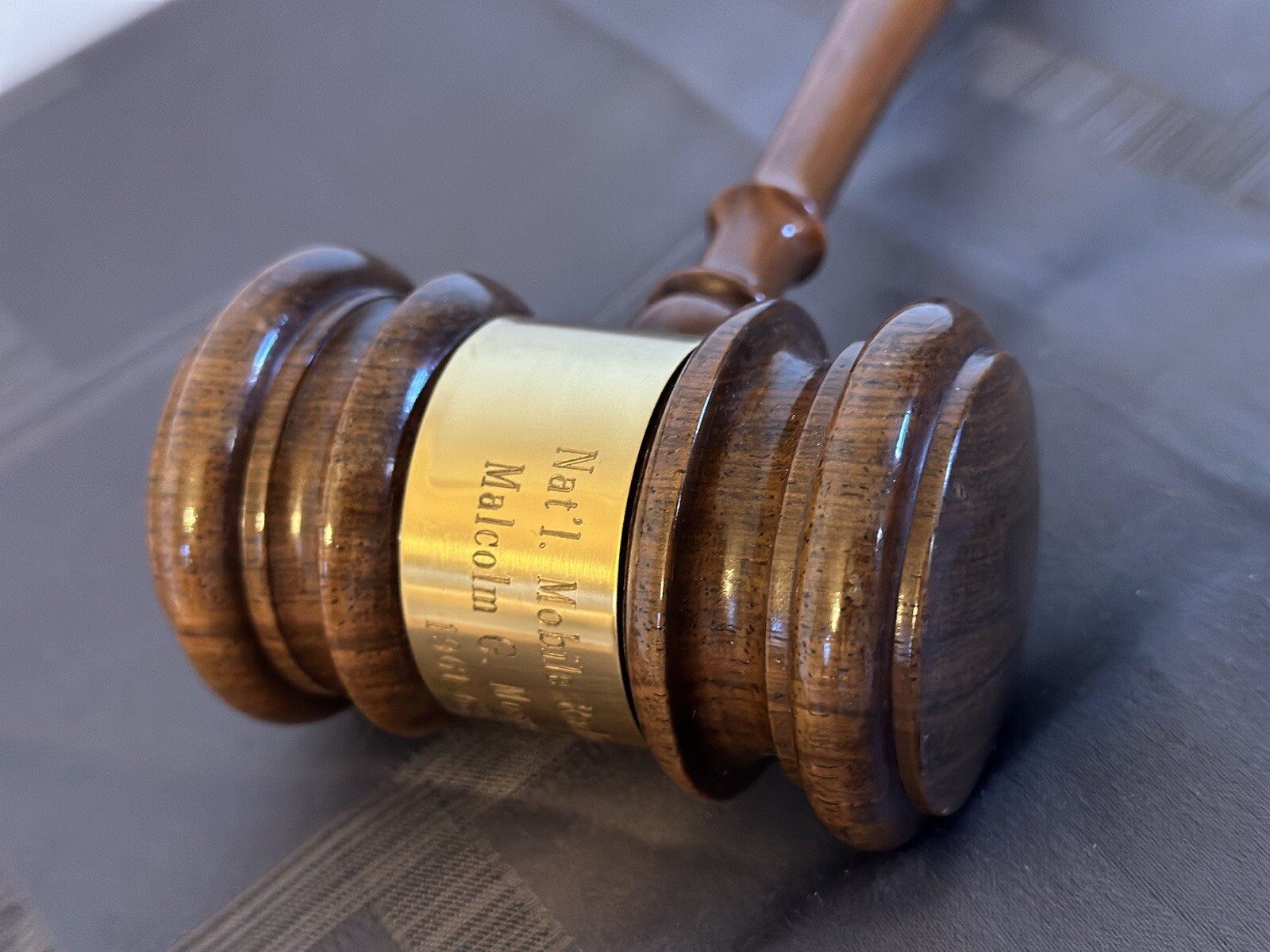 Vintage Wood National Mobil Radio Systems Judges Gavel with brass plate Engraved
