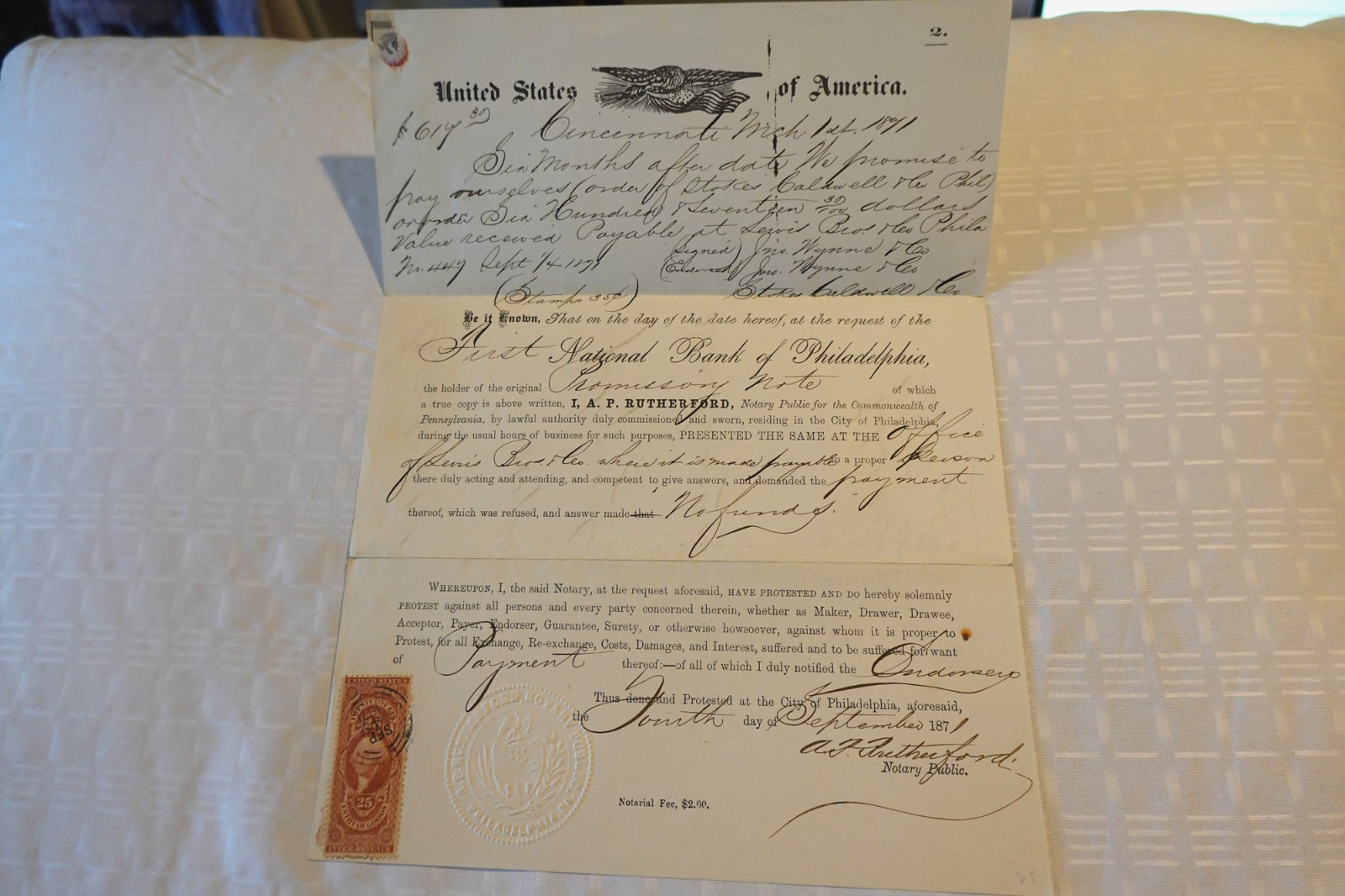 Antique 1871 Notary Public Promissory Note Rutherford with 25 cent stamp