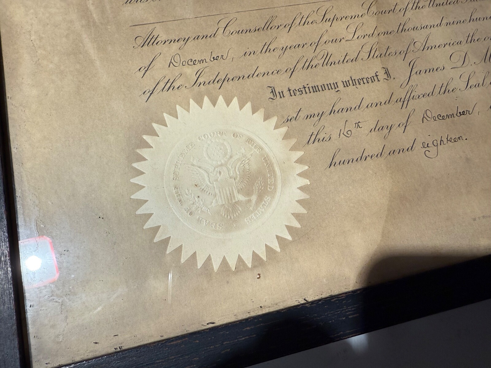 Antique 1918 Supreme Court of the United States of America Certificate Framed