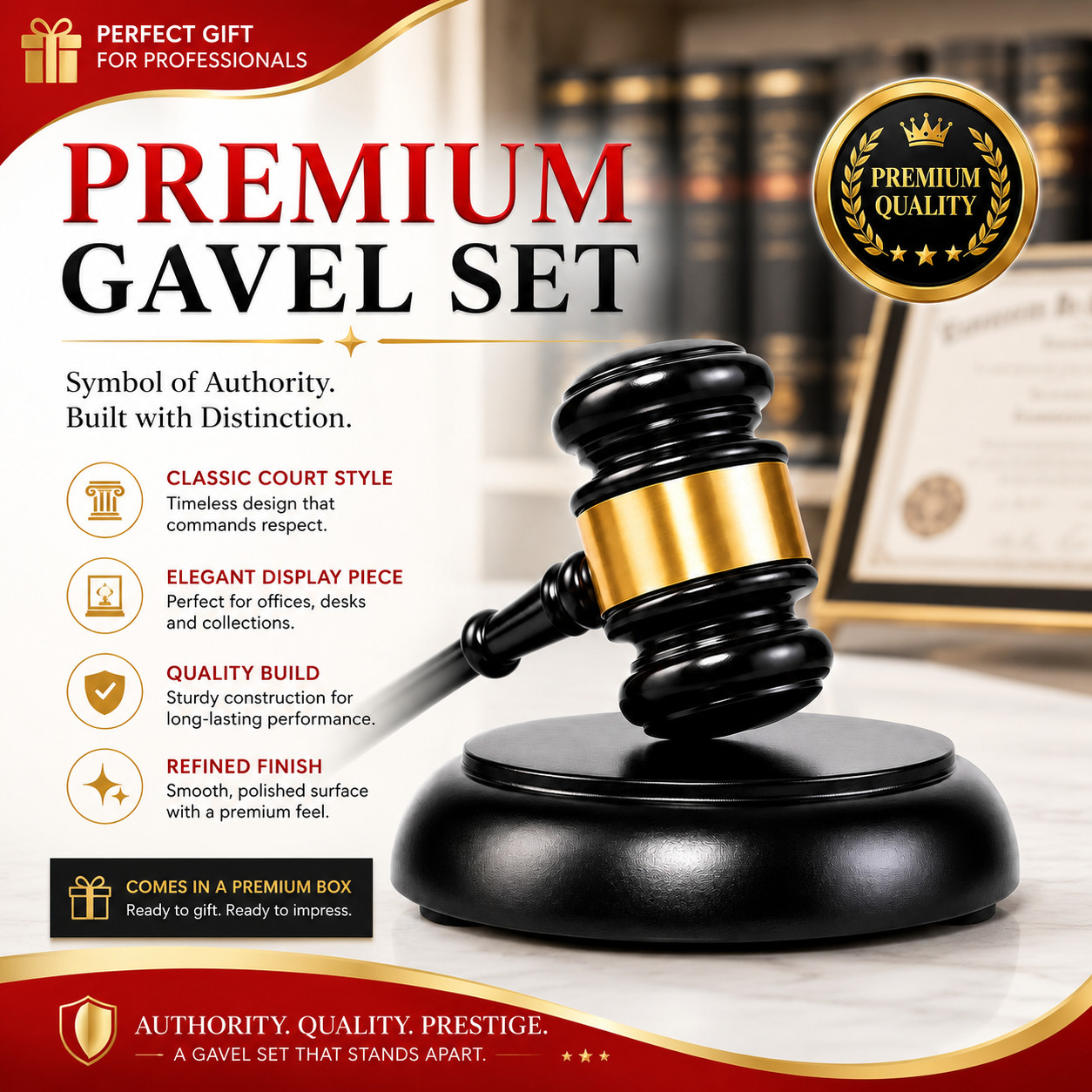 Premium Wooden Gavel Set with Sound Block, Black Gold Gift for Lawyers Judges