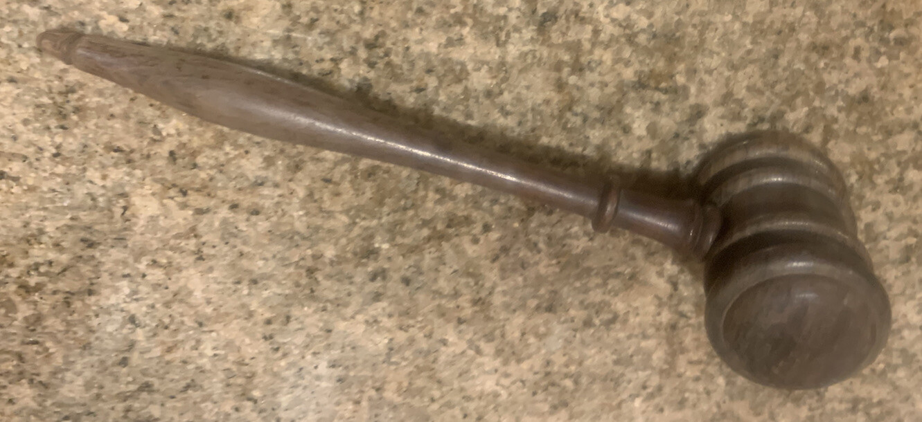 Vintage ornate turned wood gavel spindle 10” dark grained wooden rosewood? Judge